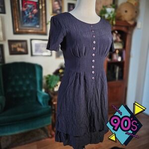 Jamie Brooke Dress Navy Blue Vintage 90s Crinkle Button Mini Grunge Goth Sz 8